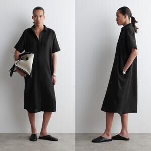 COS Black Linen Midi Shirt Dress XS Solid Casual Loose Minimalist Modest